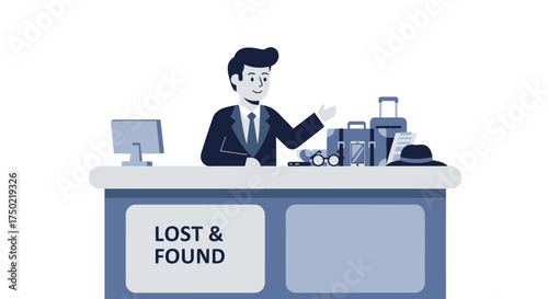 Man at Lost and Found counter with unclaimed luggage illustration