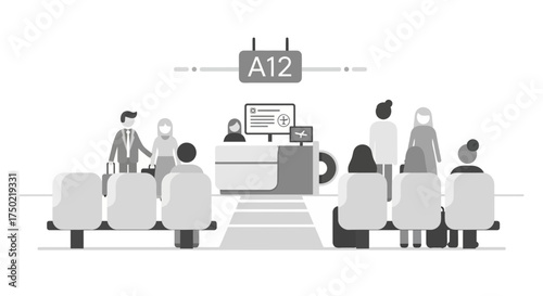 Minimalist airport lounge scene depicting passengers awaiting boarding call