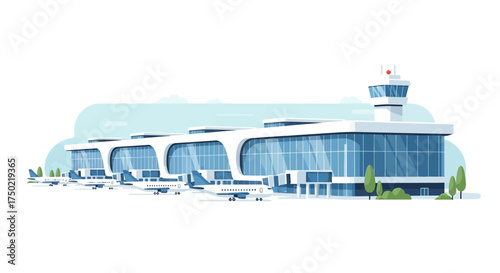 Modern Airport Terminal with Airplanes, Tower and Green Space Illustration