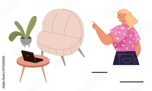 Woman pointing with one hand in a room featuring a pink chair, potted plant, laptop on a table. Ideal for remote work, communication, home office, creativity, design, workspace and lifestyle