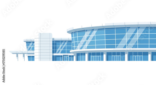 Modern glass building architecture design with geometric and light blue elements