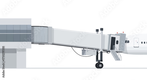 Modern jet bridge connected to an aircraft isolated on white backdrop