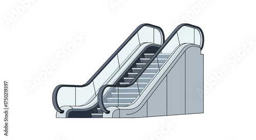 Modern escalator vector illustration with gray and white color scheme