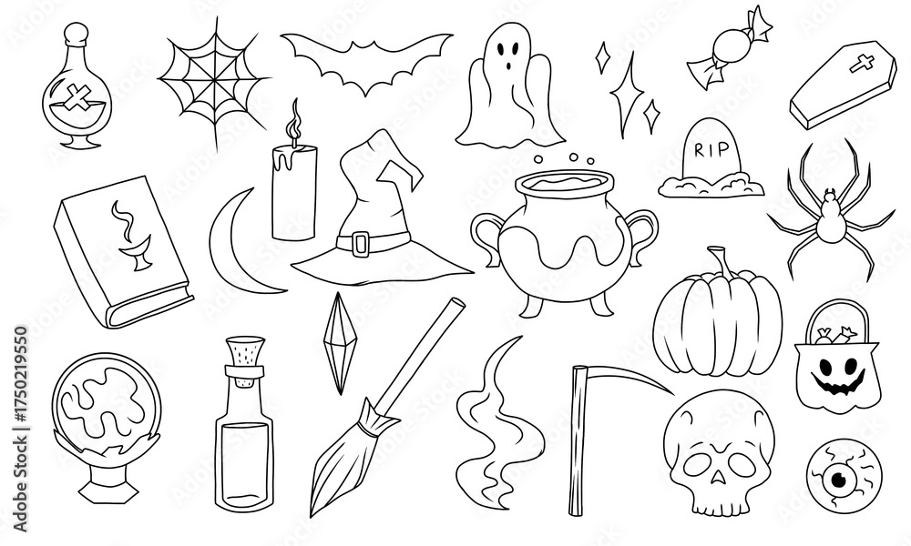 Obraz premium Halloween hand drawn doodle set with ghost, pumpkin, bat, skull, book, eye, spider, potion, poison, candies. Cartoon illustration collection.
