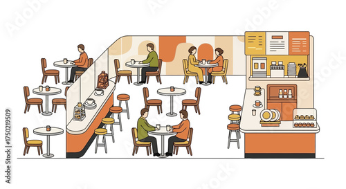 Stylish interior of a modern cafe with patrons enjoying coffee together