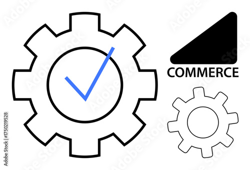 Gear with blue checkmark emphasizes completion, alongside smaller gear and commerce label. Ideal for efficiency, e-commerce, automation, business process, certification, system. Simple flat metaphor