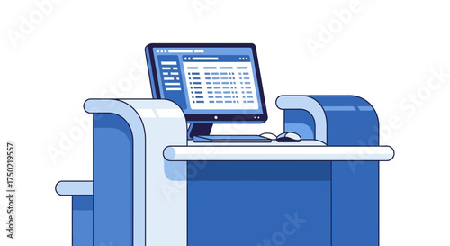 Stylized computer workstation with minimalist blue hues and geometric forms