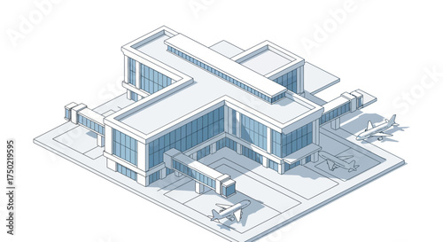 Stylized isometric drawing featuring airport terminal and aircrafts, modern lines