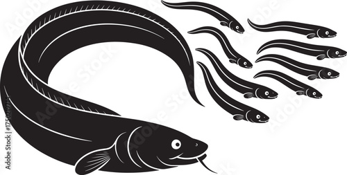 Black and White Eel and Smaller Eels Swimming Vector Art on Transparent Background