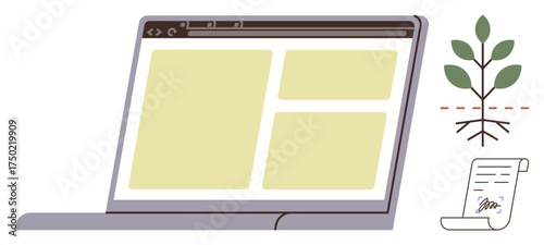 Laptop screen with webpage layout, plant representing growth, and signed document. Ideal for sustainability, web design, innovation, eco-friendly business, agreements, growth strategy