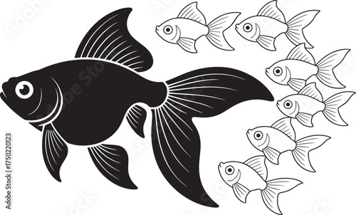 Goldfish silhouette vector illustration with small fish outlines - large ornamental fish and fry