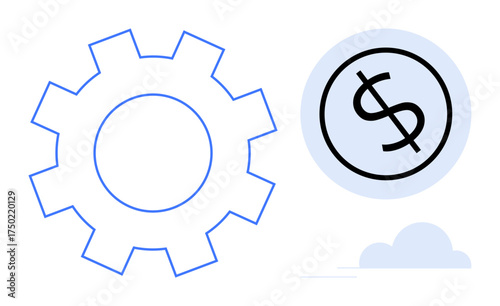 Large gear alongside a dollar sign within a circle, symbolizing financial management, resource efficiency, and economic productivity. Ideal for finance, business processes, automation, systems