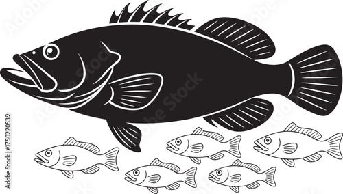 Perch silhouette vector illustration with small fish outlines - large bass icon and shoal of fry