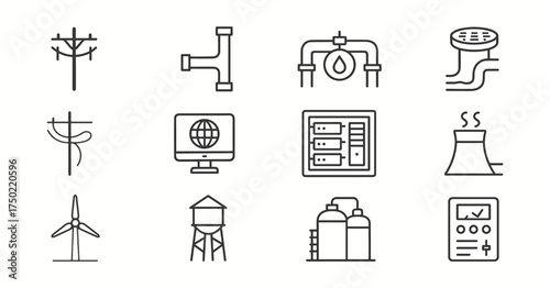 Industrial Infrastructure Icons – Energy, Utilities and Engineering Line Vector Set