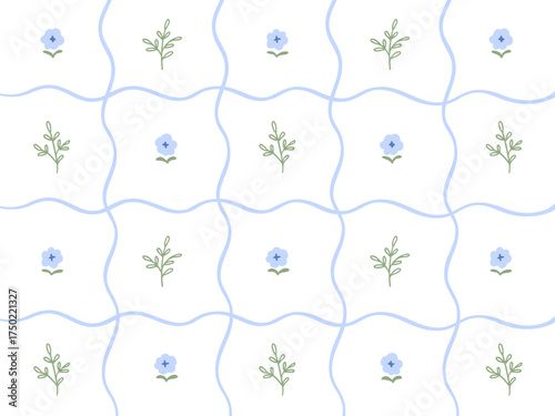 Wallpaper with small flowers and leaves arranged on a wavy grid