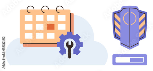 Calendar with gear for task planning, shield for security, progress bar for completion tracking. Ideal for productivity, planning, management, cybersecurity, workflow, strategy simple flat metaphor