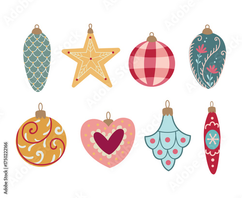 cute hand drawn christmas ball decoration set, festive ornaments and holiday baubles