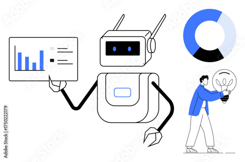 Robot presenting analytics, chart, and data while a human holds a glowing light bulb. Ideal for technology, AI, data analysis, teamwork, innovation creativity future trends. Simple flat metaphor