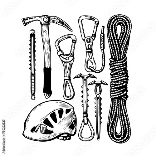 A hand-drawn collection of essential mountaineering and ice climbing equipment on a white background.