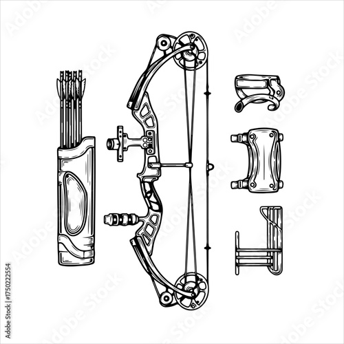 A detailed black and white illustration of a compound bow and archery equipment set.
