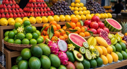Vibrant Assortment of Fresh, Exotic Fruits Displayed at a Bustling Market Stall