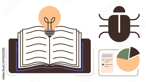 Open book with glowing lightbulb above for ideas, bug icon symbolizing technology or debugging, and a pie chart with checklist. Ideal for education, innovation, coding, learning, research, insight