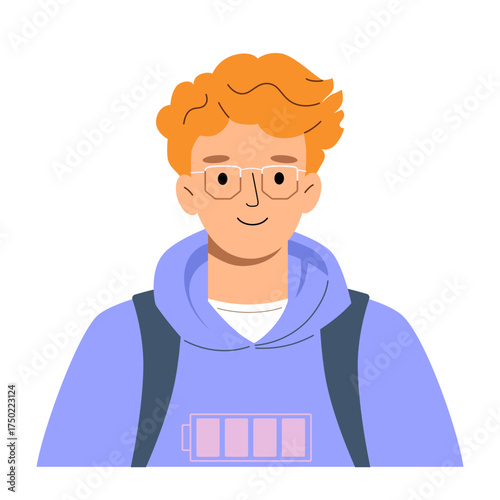 Avatar of schoolboy or student with fair skin and red curly hair, wearing thin-framed glasses, hooded sweatshirt with fully charged battery icon, and backpack. Vector illustration of youth and energy.