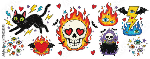 Colorful Halloween cartoon doodle set with black cat, skull, fire, magic eyes, hearts, bats, and lightning. Fun spooky vector illustration for stickers or design