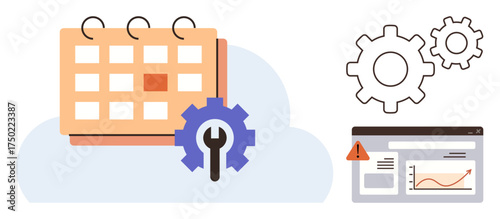 Calendar with a gear overlay, gears in motion, and a data dashboard with a warning sign. Ideal for planning, workflow, efficiency, data management, process improvement, productivity operational
