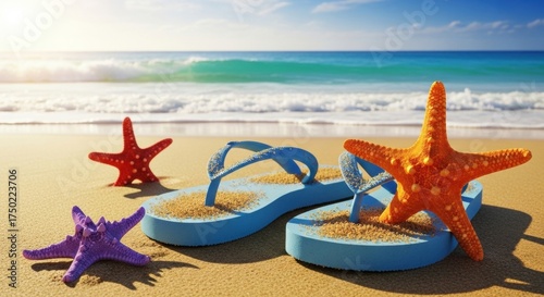 Vibrant Beach Scene: Blue Flip-Flops, Starfish, and Turquoise Ocean Waves Under Sunny Sky