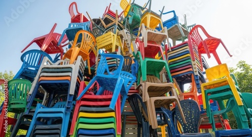 Vibrant Chaos: A Monumental Pile of Colorful Stacked Plastic Chairs Outdoors.