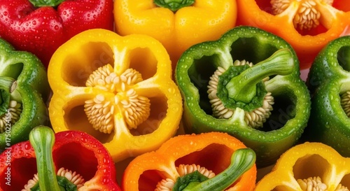 Vibrant Colorful Bell Peppers: Close-up of Sliced Vegetables, Food Photography.