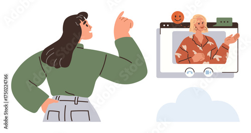 Woman interacting with another woman on a video call screen with chat icons and emotions. Ideal for remote work, digital connection, communication, online learning, virtual collaboration, technology