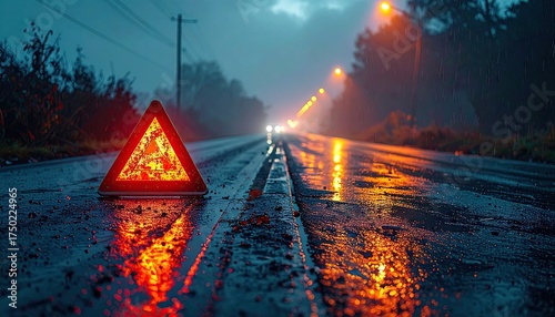 Rainy Night Road with Warning Triangle and Glowing Lights