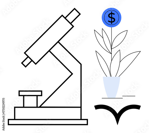 Microscope analyzing plant with a dollar sign symbolizing investment growth, innovation, and success. Ideal for business analysis, science, research, economics, sustainability, education abstract