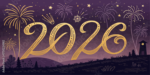 Illustration of the year two thousand twenty six with fireworks and a landscape background design