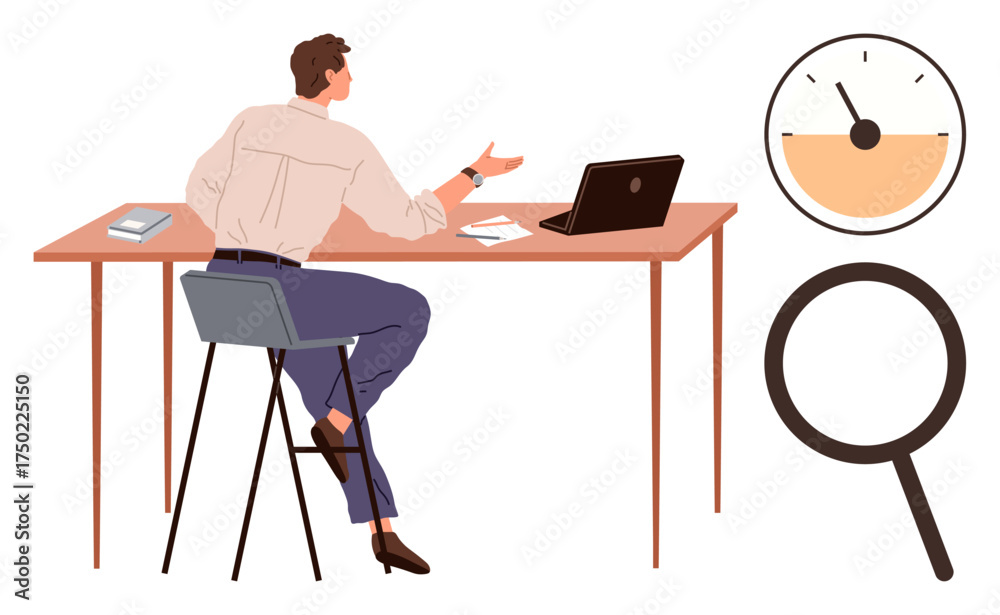 Fototapeta premium Businessman sitting at a desk with a laptop, books, and papers, gesturing during work analysis. Magnifying glass and speedometer symbolize research and progress. Ideal for productivity, strategy