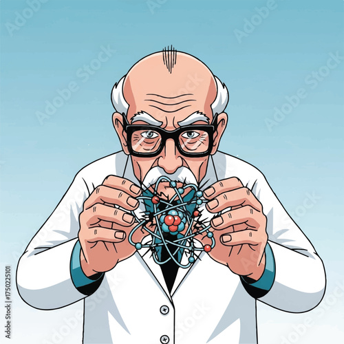 An elderly scientist is splitting a tiny atom.