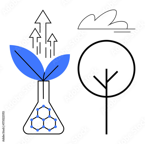 Plant growing from a lab flask with arrows symbolizing growth, molecular connection, simple tree, and cloud. Ideal for sustainability, innovation, ecology, biotechnology, growth science education