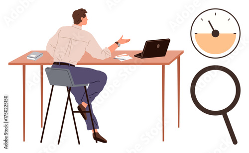 Businessman sitting at a desk with a laptop, books, and papers, gesturing during work analysis. Magnifying glass and speedometer symbolize research and progress. Ideal for productivity, strategy