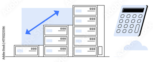 Stacked servers and blue arrow representing scalability, next to a calculator for finance. Ideal for technology, finance, planning, growth, scalability, business strategy, data management simple