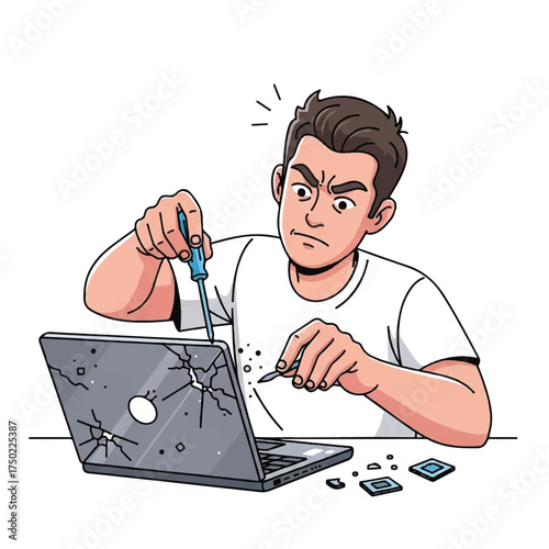 A man is working on a malfunctioning laptop, showing concentration.