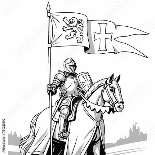 A brave knight gallops on horseback with a flag of war.