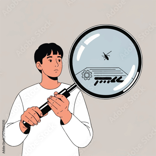 An individual is looking at an object with a magnifying glass.