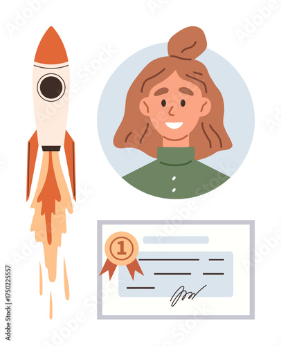 Rocket launching, smiling woman portrait, awarded certificate with ribbon. Ideal for success, growth, motivation, career, achievement self-improvement personal development. Clean simple flat