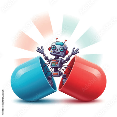 From an opened capsule, a robot comes to life.