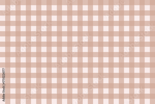 Beige and white gingham pattern background. Classic vichy checkered texture with soft neutral tones bg. Elegant nude plaid design perfect for textile, fabric, wrapping paper, or wallpaper. Vector