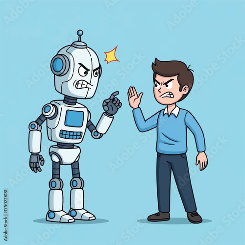 A human and a robot face each other with furious looks.
