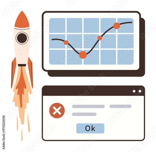 Rocket blasting off alongside growth chart with rising trend line and user interface error message window. Ideal for innovation, technology, startup growth, problem-solving, analysis, goal