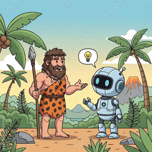 A caveman and a tiny futuristic robot are talking together.